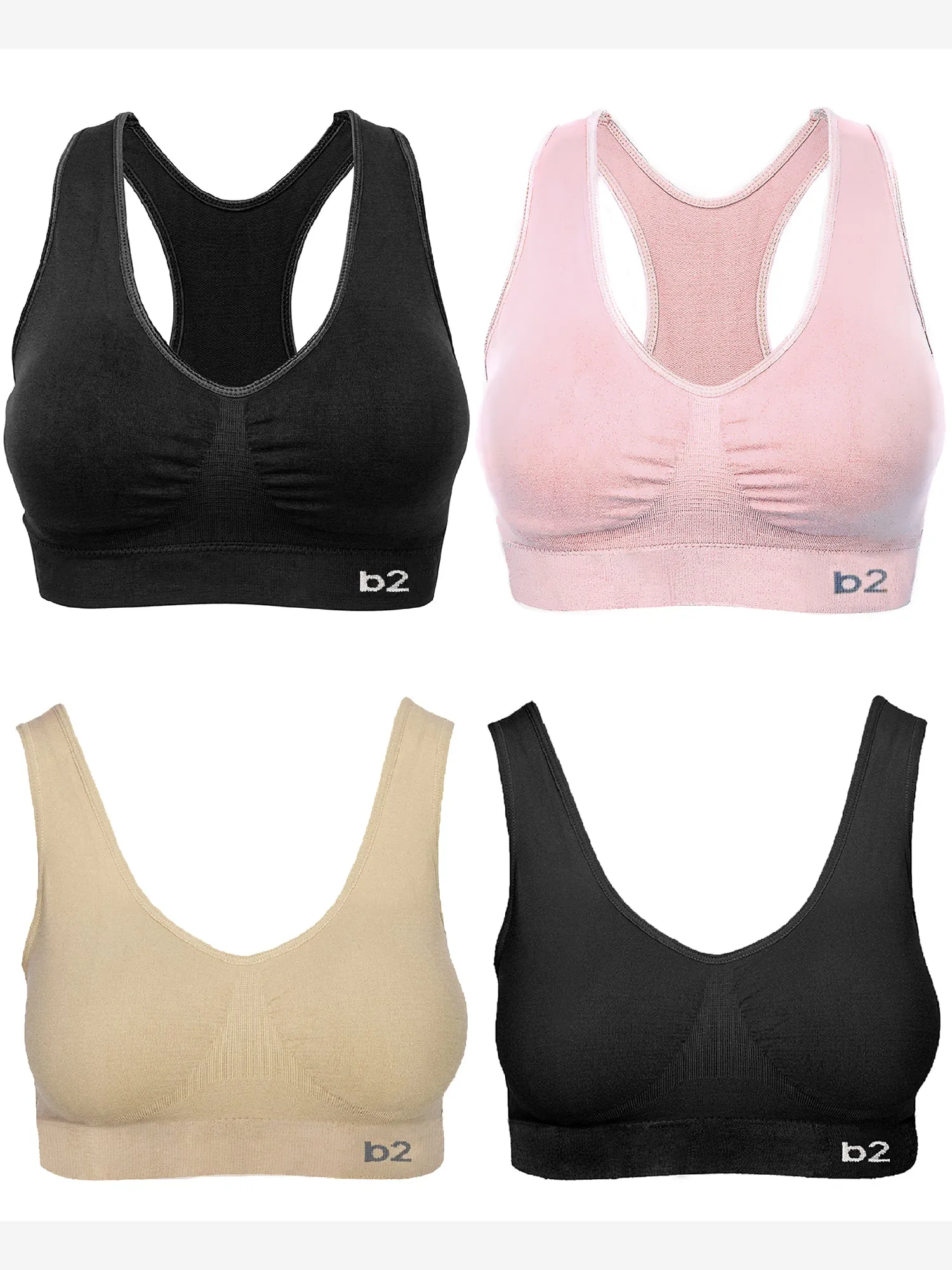 Women's Seamless Sports Bra S to 2XL Plus 2 Racerback Bras and 2 Basic Multi-Pack